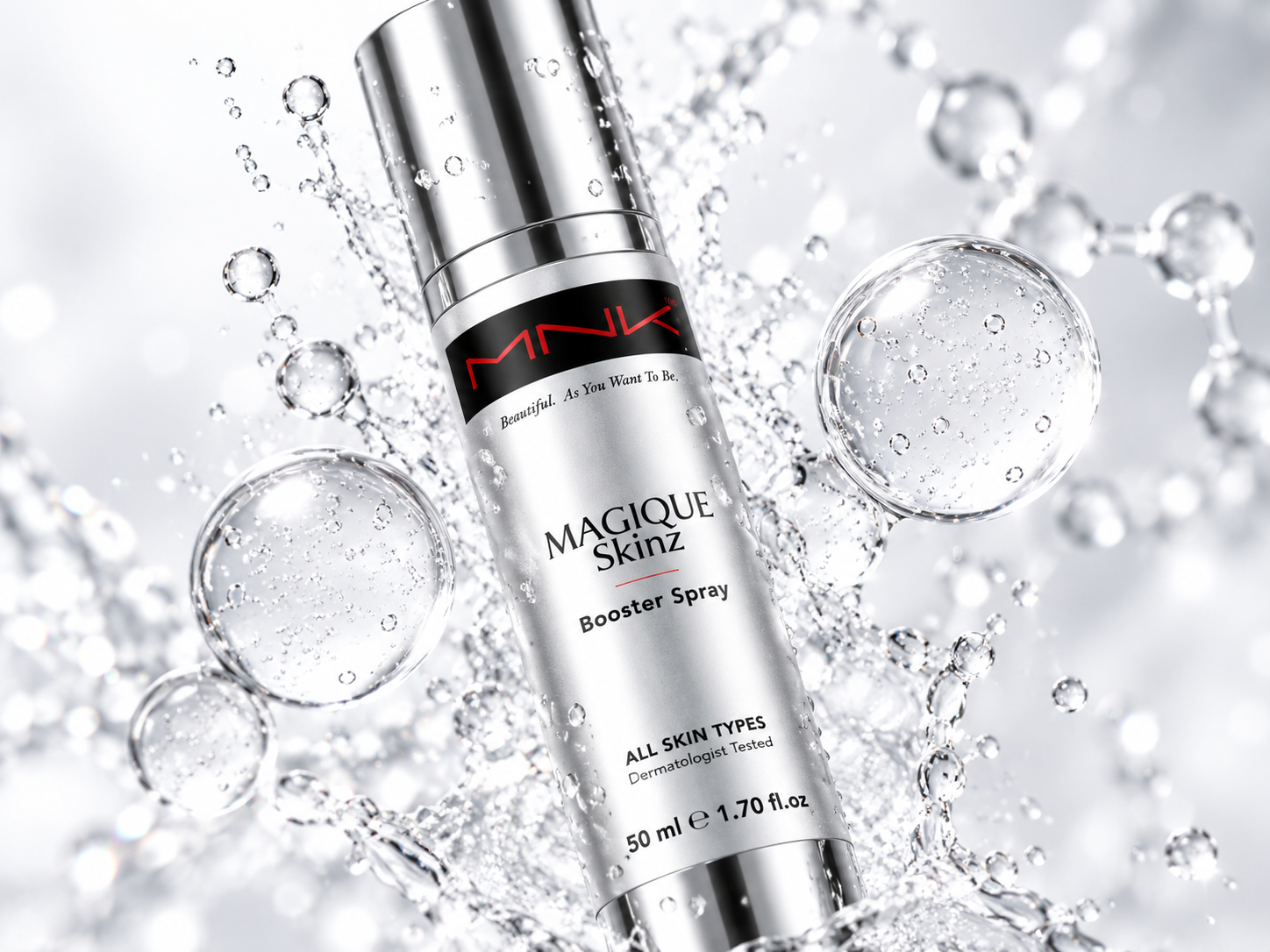 MNK Booster Spray surrounded by water bubbles